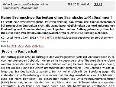 Anscheinsbeweis bei Abrissarbeiten: Bröcher bespricht Urteil zur Haftung bei Brandschäden